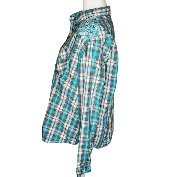 Panhandle Rough Stock Women's Turquoise Western Shirt, Snap Plaid Shirt Sz XL - Picture 2 of 14